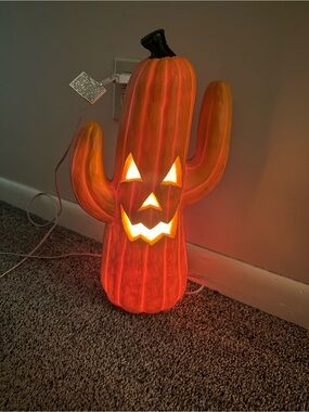 Vtg Gemmy Foam Blow Mold Halloween Cactus Jack-O-Lantern Lights Up 17.5” Tall